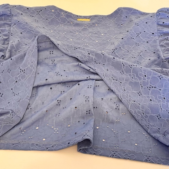 Michael Kors Floral Lace Eyelet Pull Over Blouse Blue Size Large Ruffled Sleeve - Picture 12 of 14